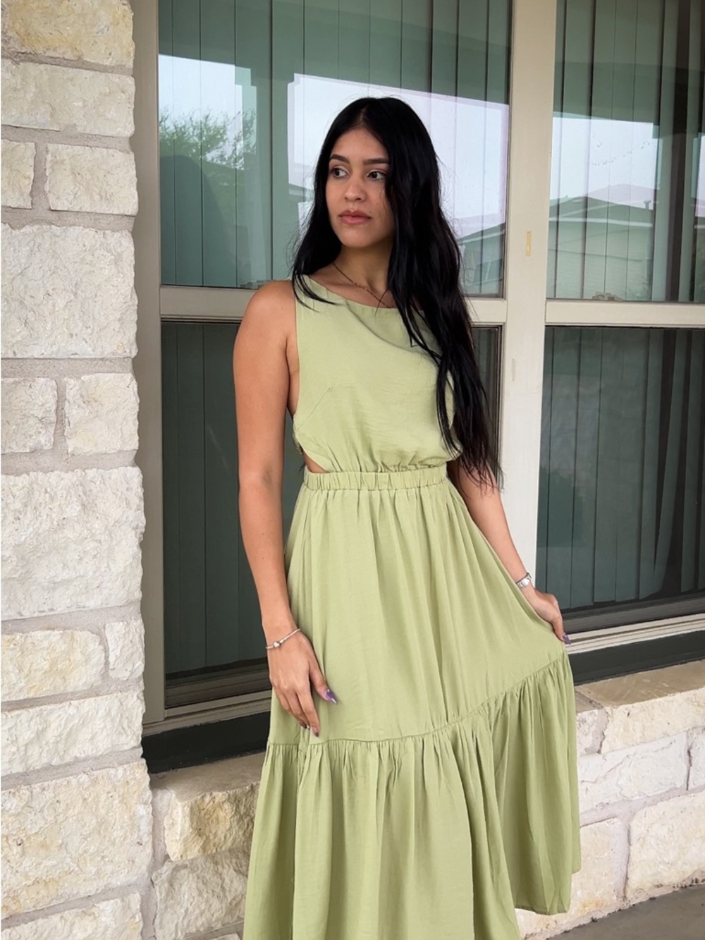 New Sleeveless Olive Green Tiered Maxi Dress